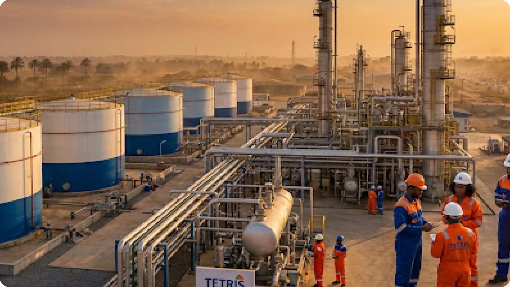Energy infrastructure in Nigeria — a fuel storage depot with staff in safety gear.